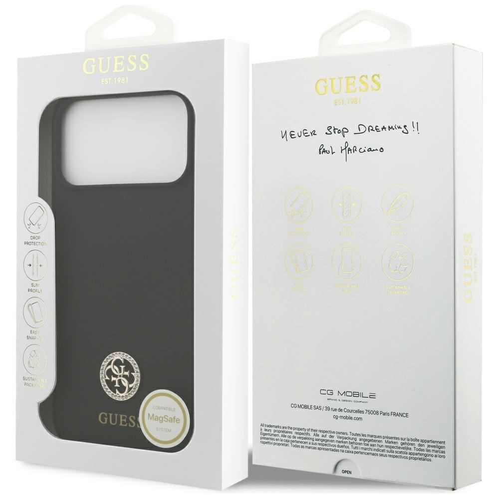 Guess Silikon Logo Strass 4G MagSafe-etui for iPhone 17 Pro Max - Svart