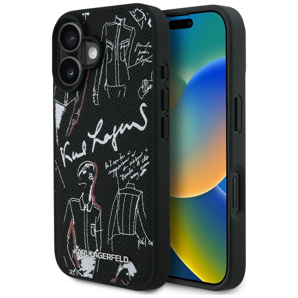 Karl Lagerfeld MagSafe-etui med kornet mønster og logo for iPhone 16 - Svart
