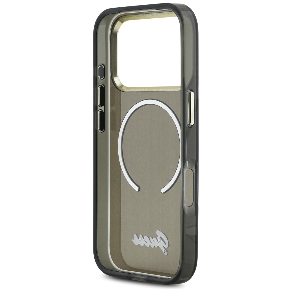 Guess IML Script MagSafe-etui i metall for iPhone 17 Pro - svart