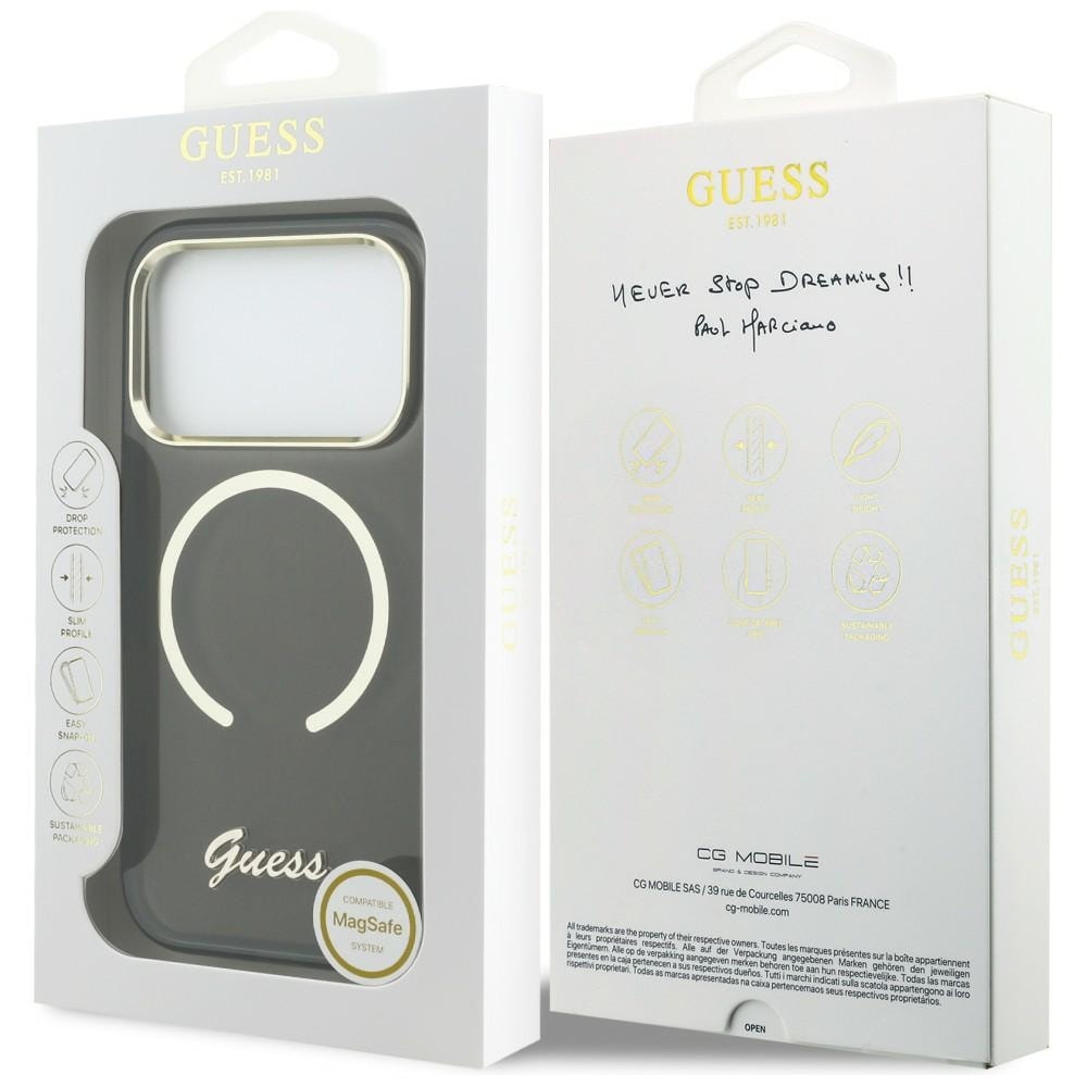 Guess IML Script MagSafe-etui i metall for iPhone 17 Pro - svart