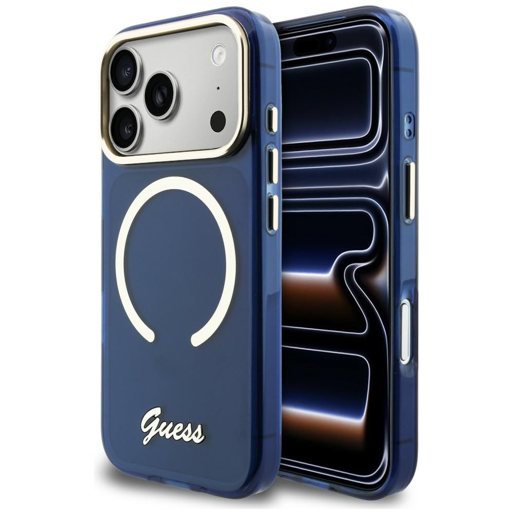 Guess IML Script MagSafe-etui i metall for iPhone 17 Pro Max - blå