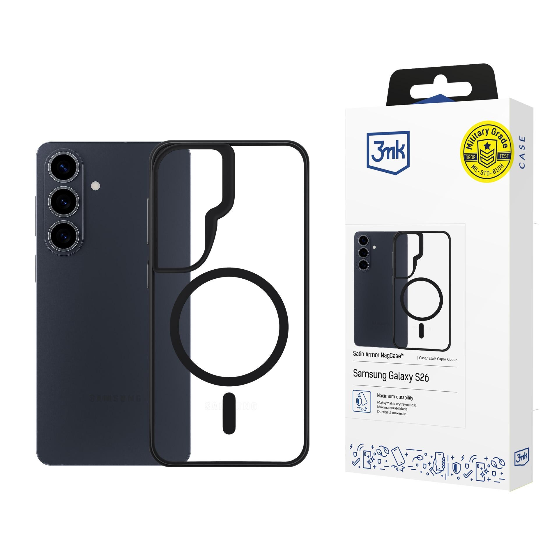 3mk Satin Armor MagCase for Samsung Galaxy S26 - gjennomsiktig svart