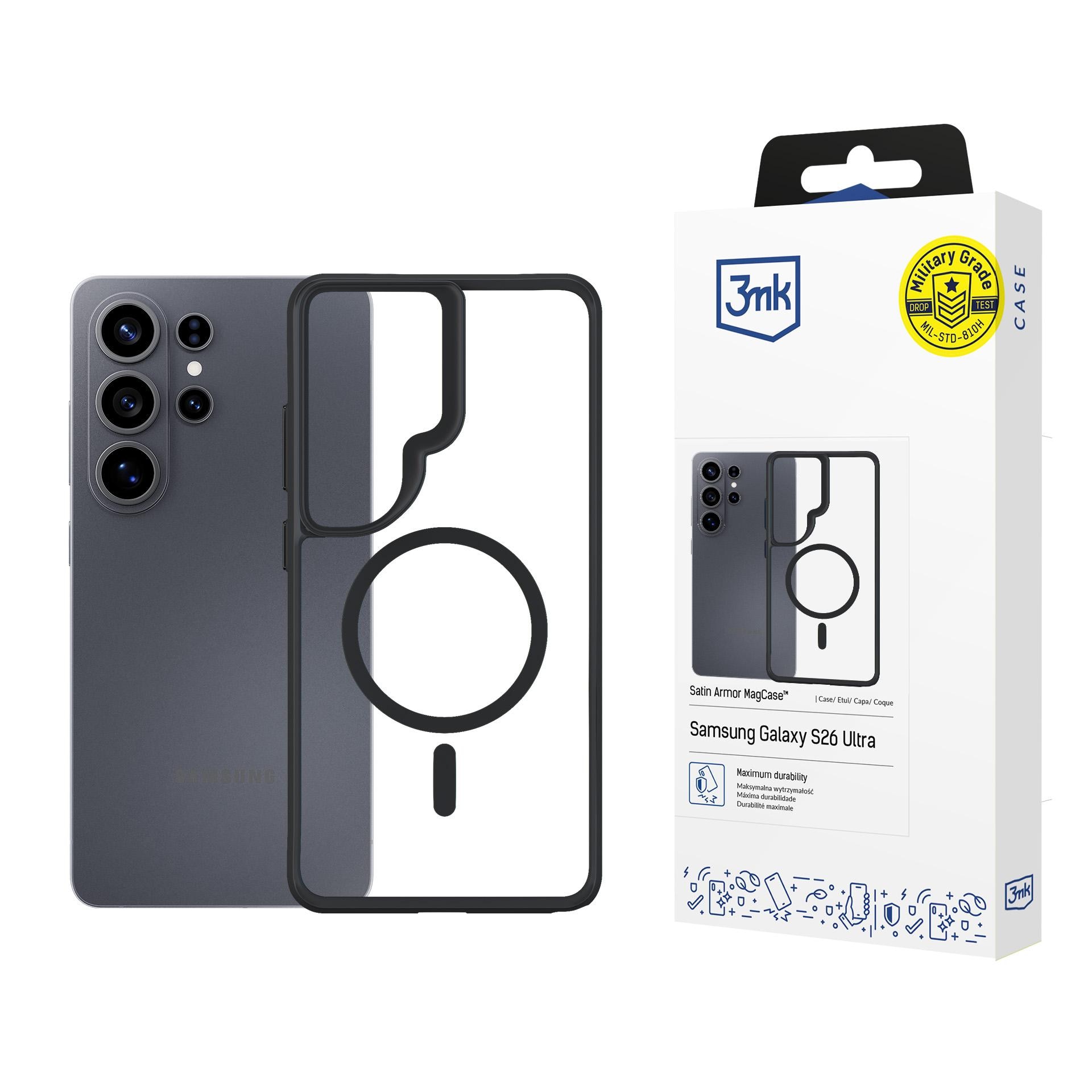 3mk Satin Armor MagCase for Samsung Galaxy S26 Ultra - gjennomsiktig svart