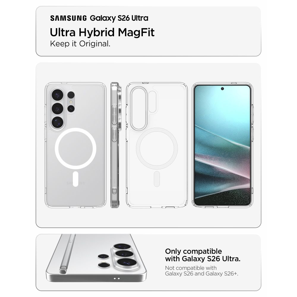 Spigen Ultra Hybrid Mag MagSafe-etui for Samsung Galaxy S26 Ultra - klart og hvitt