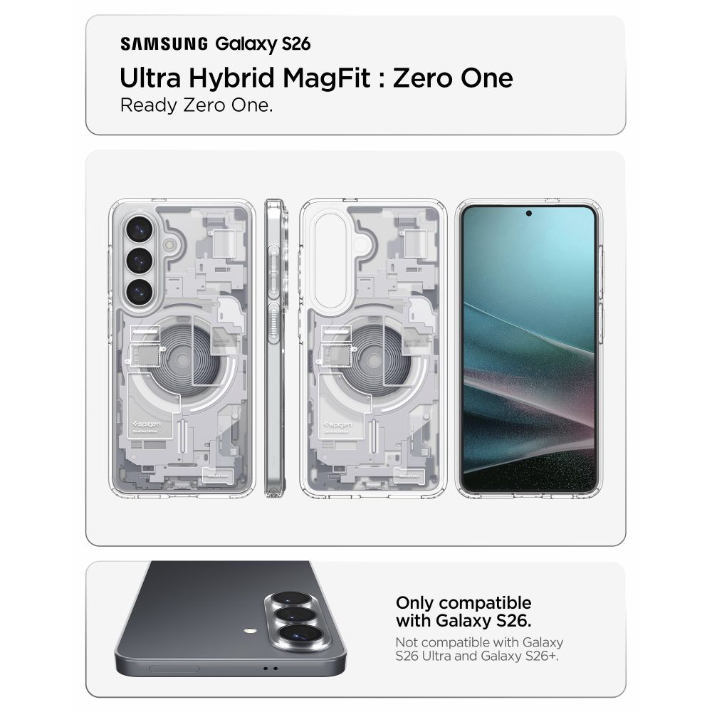 Spigen Ultra Hybrid Mag MagSafe-etui for Samsung Galaxy S26 Zero One - klart og hvitt