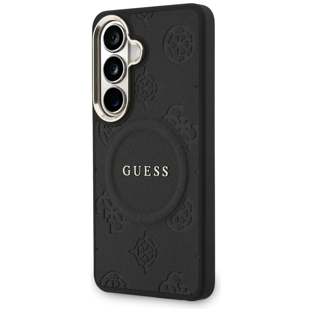 Guess Saffiano Peony Embossed Ring MagSafe-etui for Samsung Galaxy S26 - svart