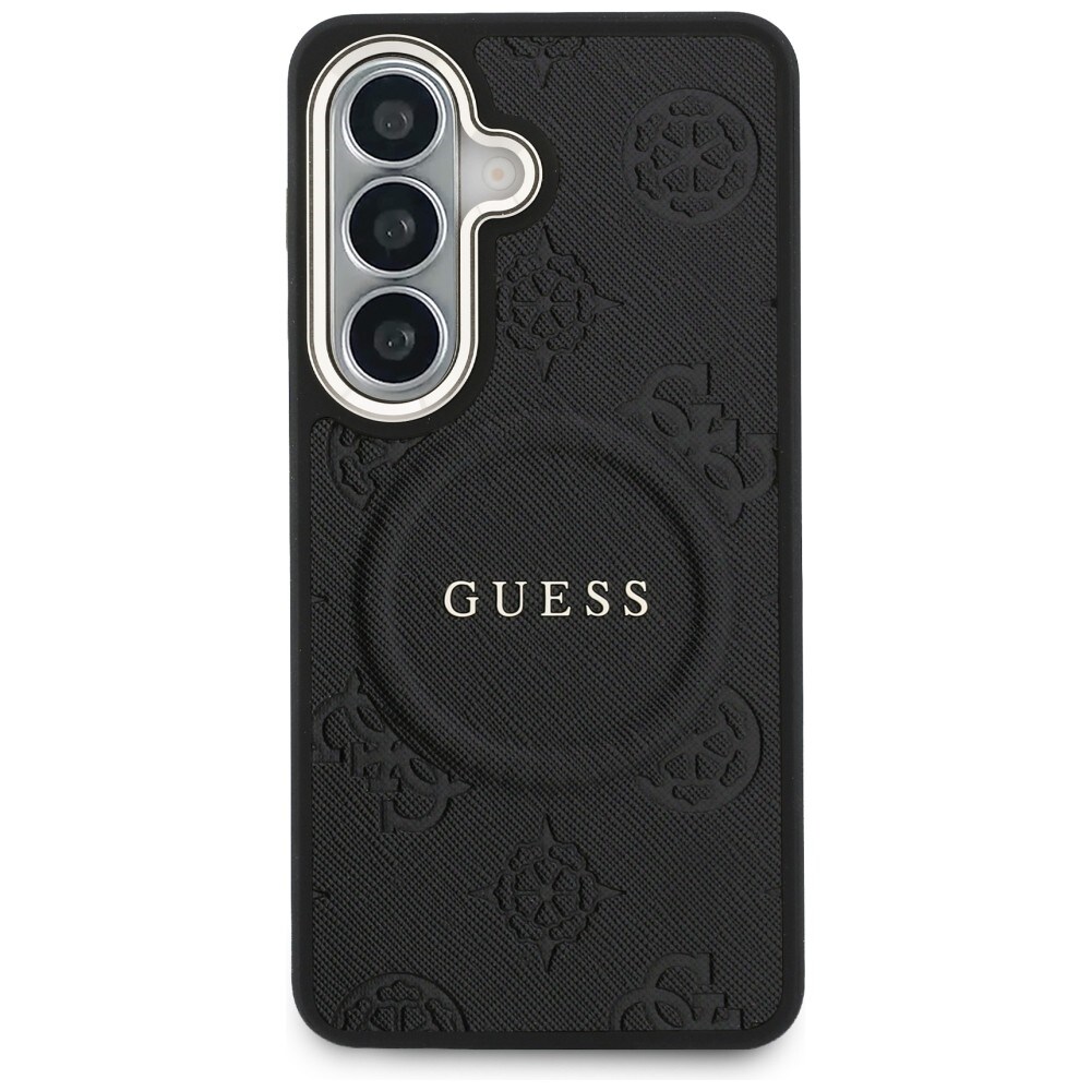 Guess Saffiano Peony Embossed Ring MagSafe-etui for Samsung Galaxy S26 - svart