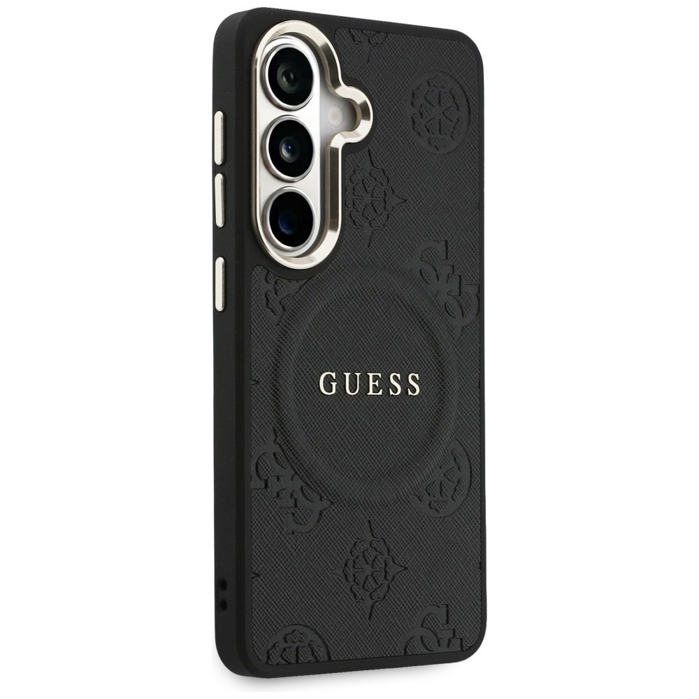 Guess Saffiano Peony Embossed Ring MagSafe-etui for Samsung Galaxy S26 - svart