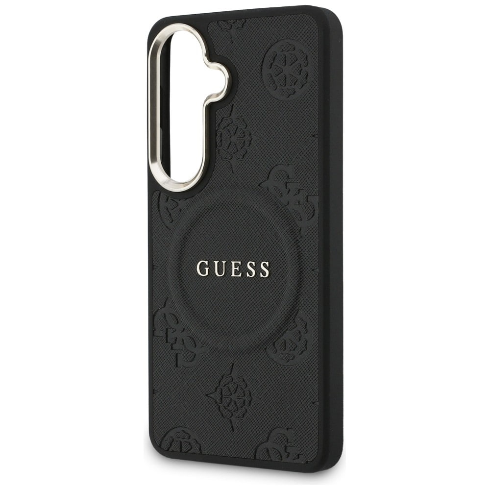 Guess Saffiano Peony Embossed Ring MagSafe-etui for Samsung Galaxy S26 - svart