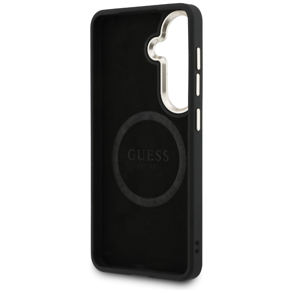 Guess Saffiano Peony Embossed Ring MagSafe-etui for Samsung Galaxy S26 - svart