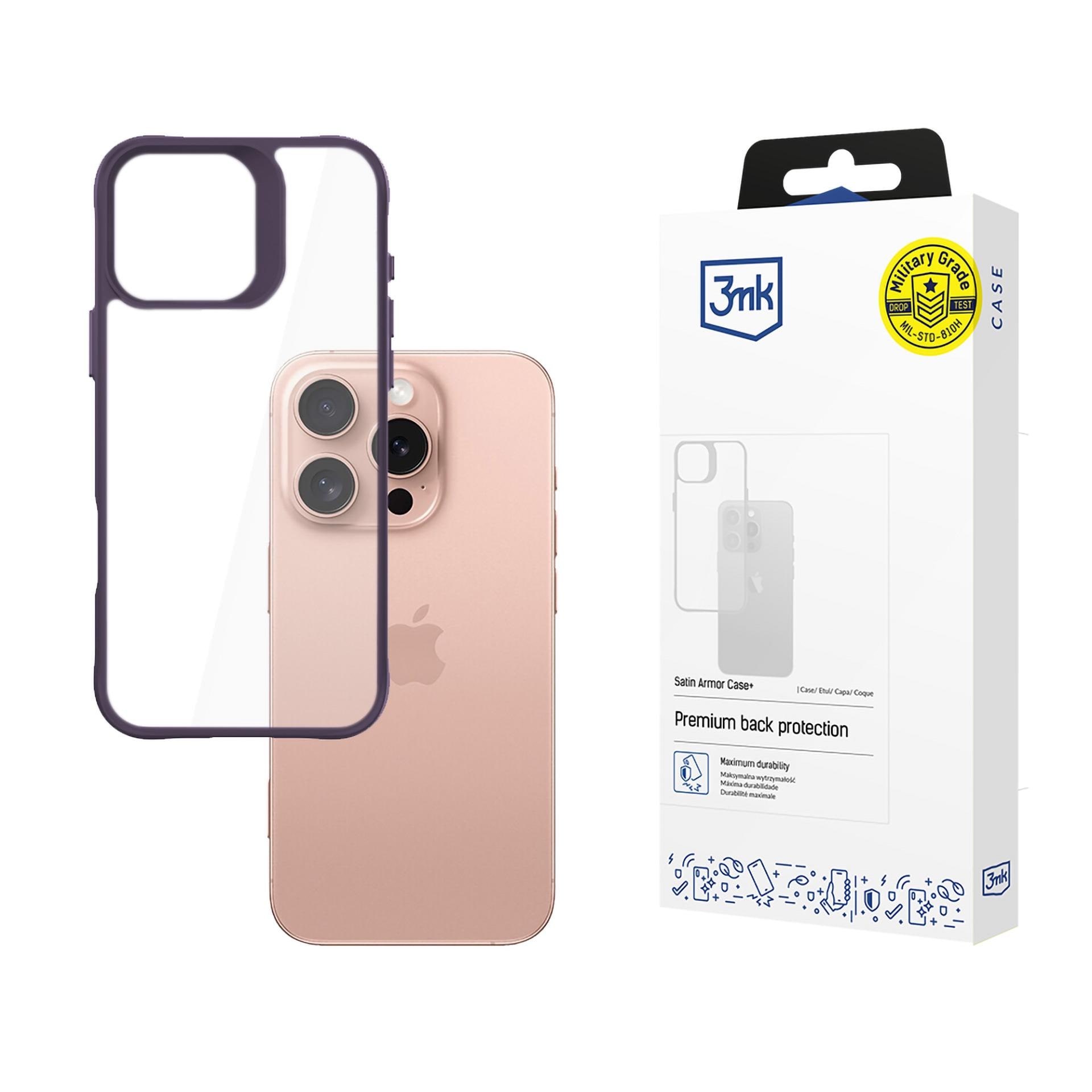 3mk Satin Armor-etui + lilla for Apple iPhone 16 Pro - gjennomsiktig