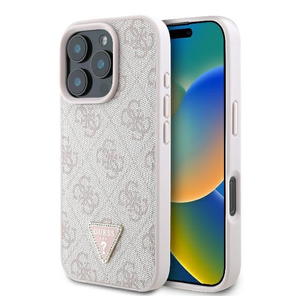 Guess 4G Triangle Strass MagSafe-etui i lær for iPhone 16 Pro Max - Rosa