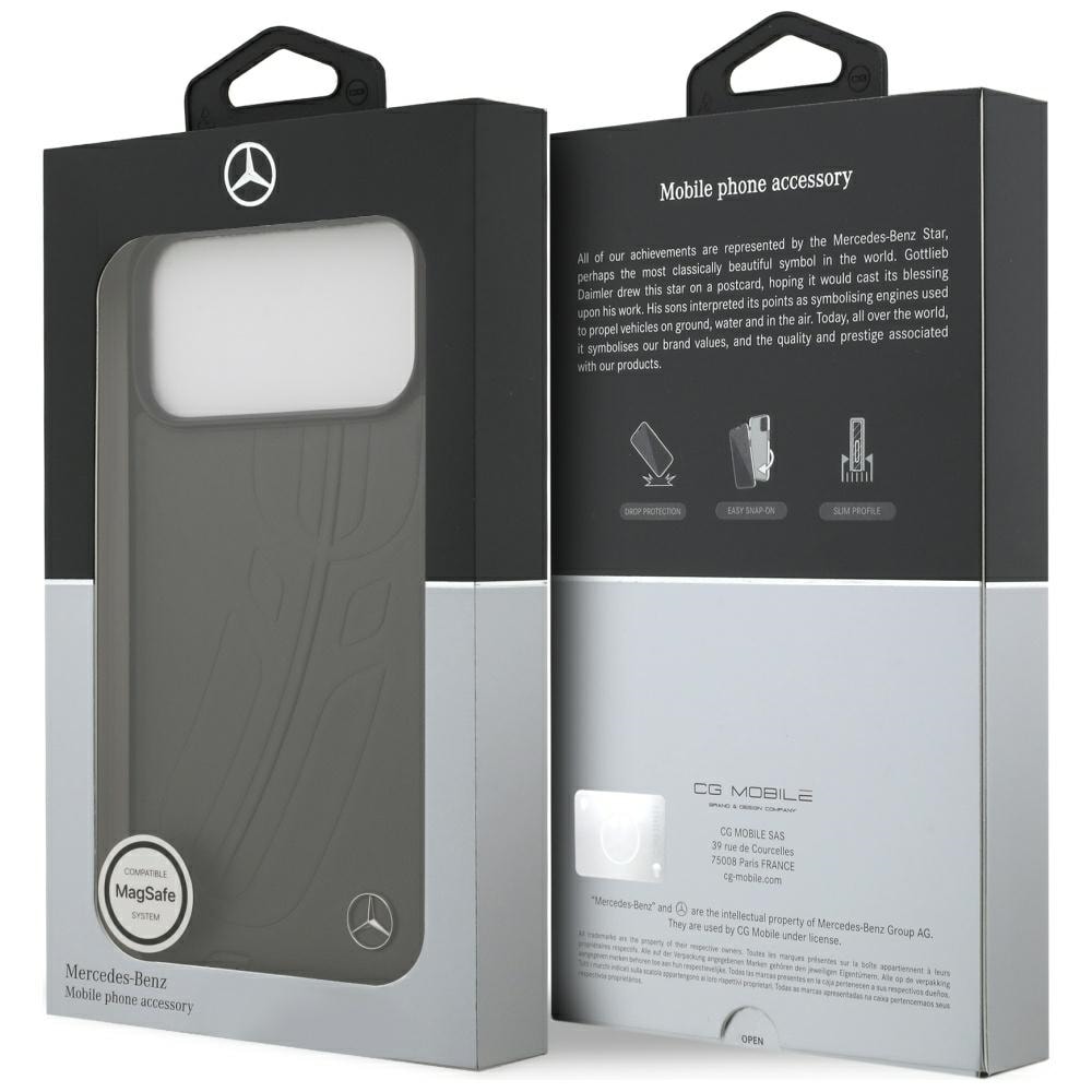 Mercedes MagSafe-etui i lær med store laurbærblad for iPhone 17 Pro Max - svart og grå