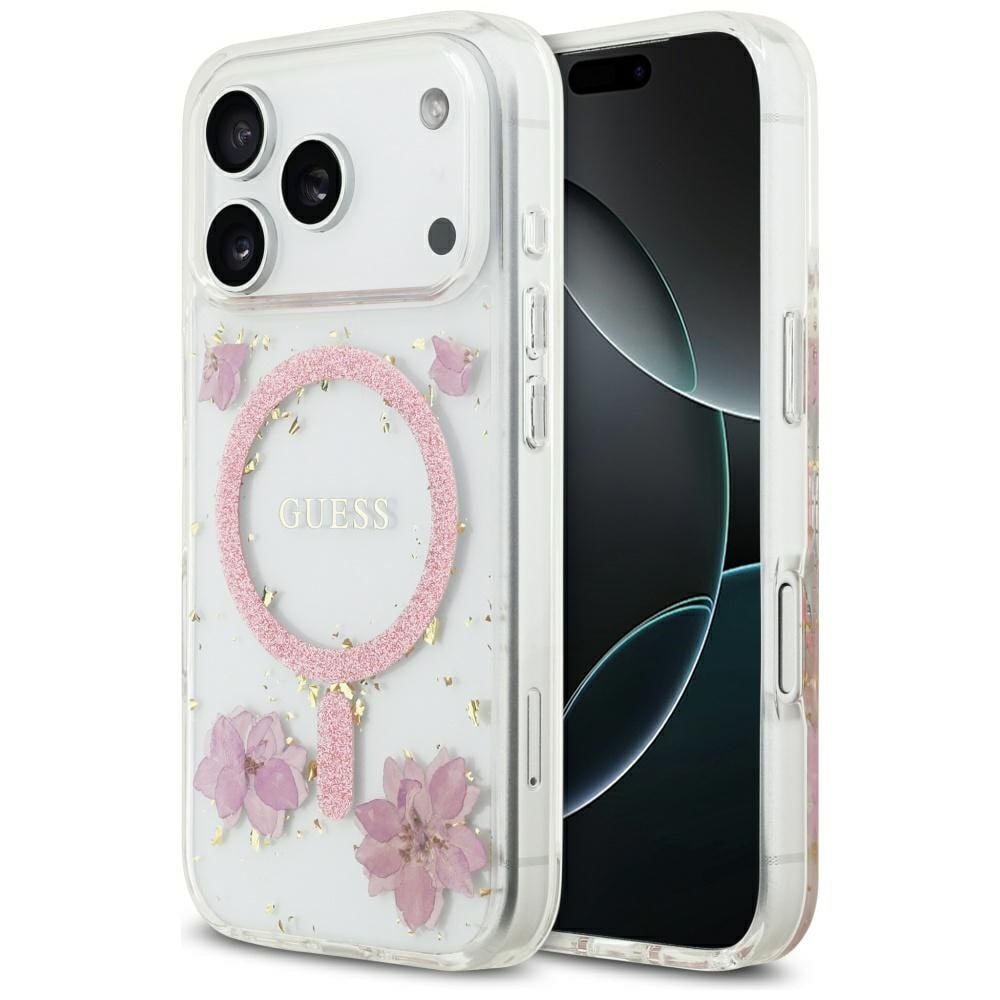 Guess MagSafe-etui med glitterblomster i harpiks for iPhone 17 Pro - Rosa