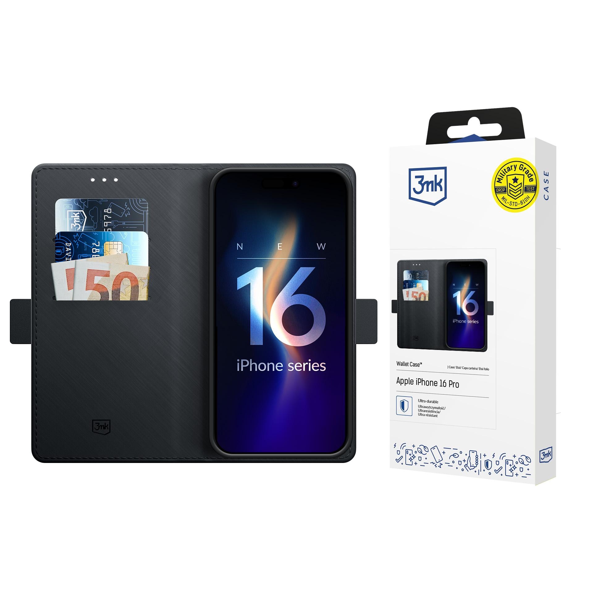 3mk lommeboketui til iPhone 16 Pro – svart