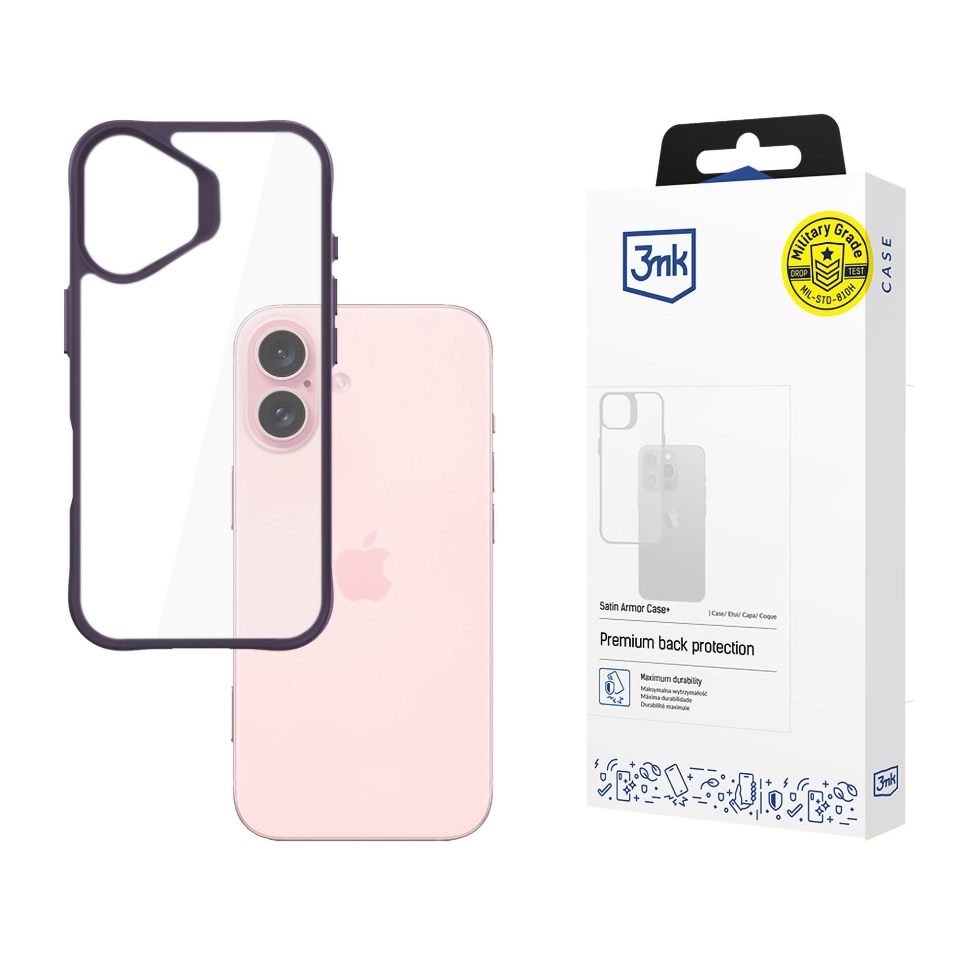 3mk Satin Armor Case+ Lilla til Apple iPhone 16 – gjennomsiktig