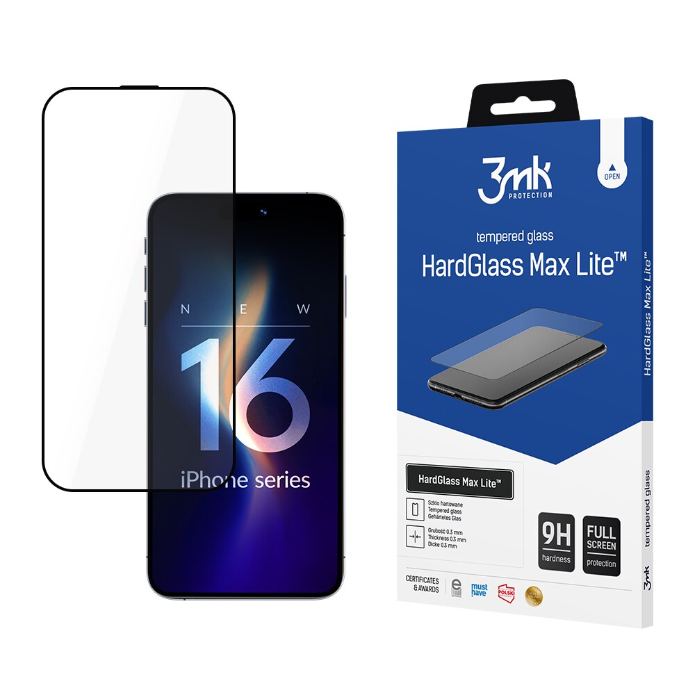 3mk HardGlass Max Lite herdet glass med svart ramme til iPhone 16 Pro