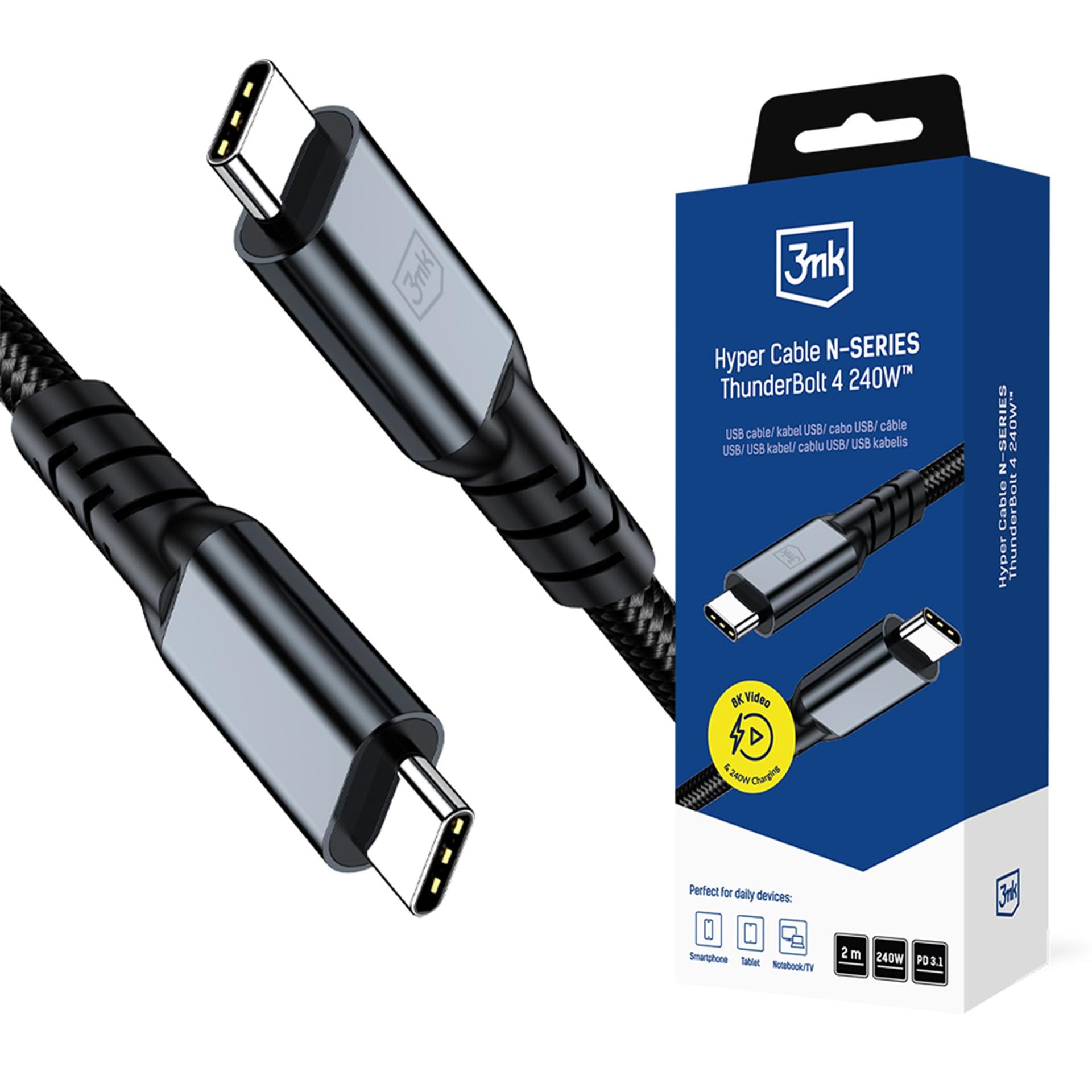 3mk Hyper Cable N-SERIES USB-C / USB-C Thunderbolt 4 2 m 48 V / 5 A 40 Gb/s 240 W 8K 60 Hz – svart
