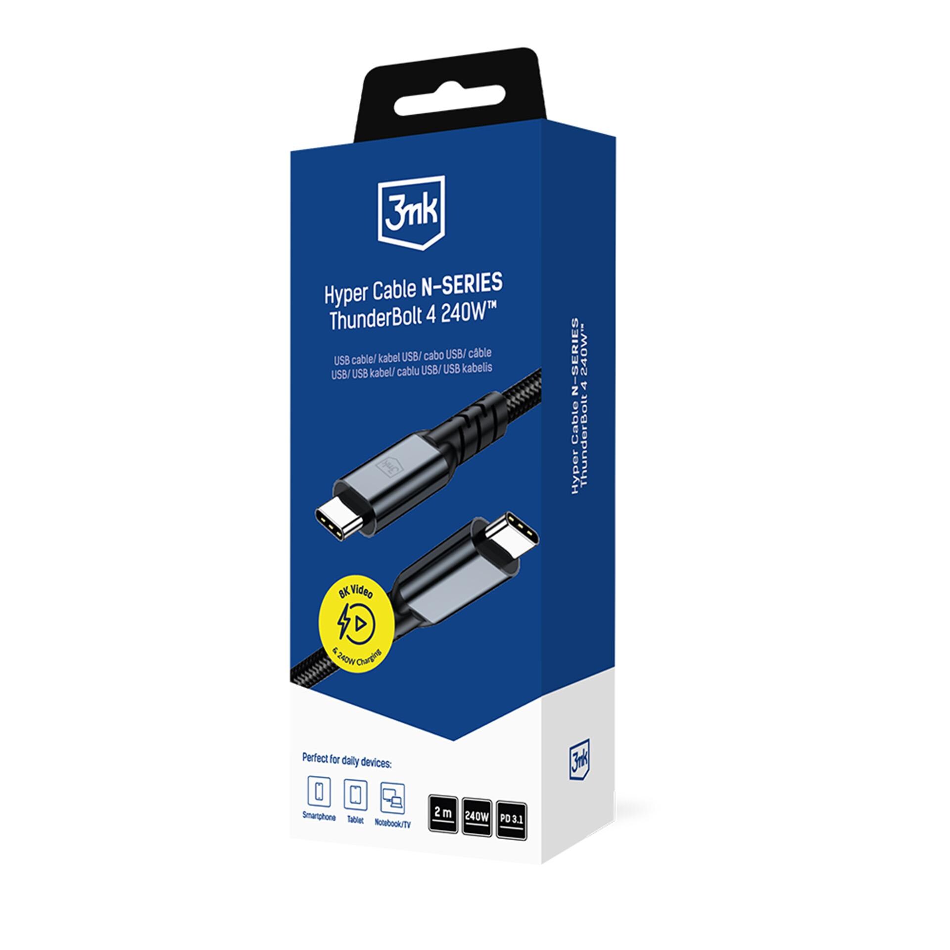 3mk Hyper Cable N-SERIES USB-C / USB-C Thunderbolt 4 2 m 48 V / 5 A 40 Gb/s 240 W 8K 60 Hz – svart