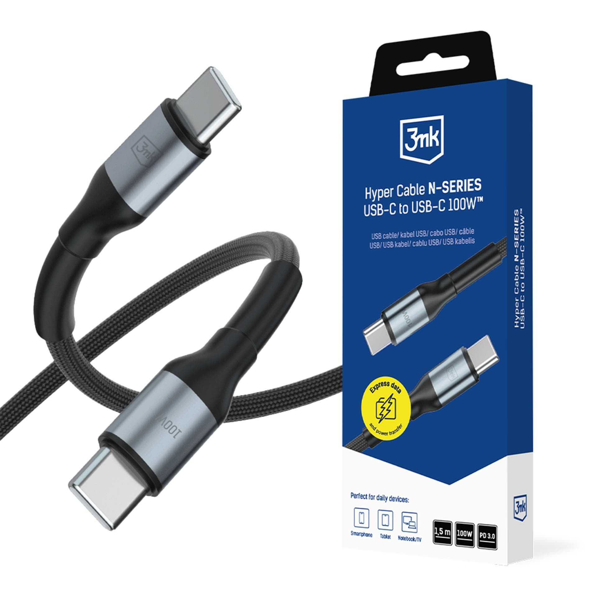 3mk Hyper Cable N-SERIES USB-C / USB-C 1,5 m PD 3.0 QC 3.0 20 V / 5 A 100 W – svart