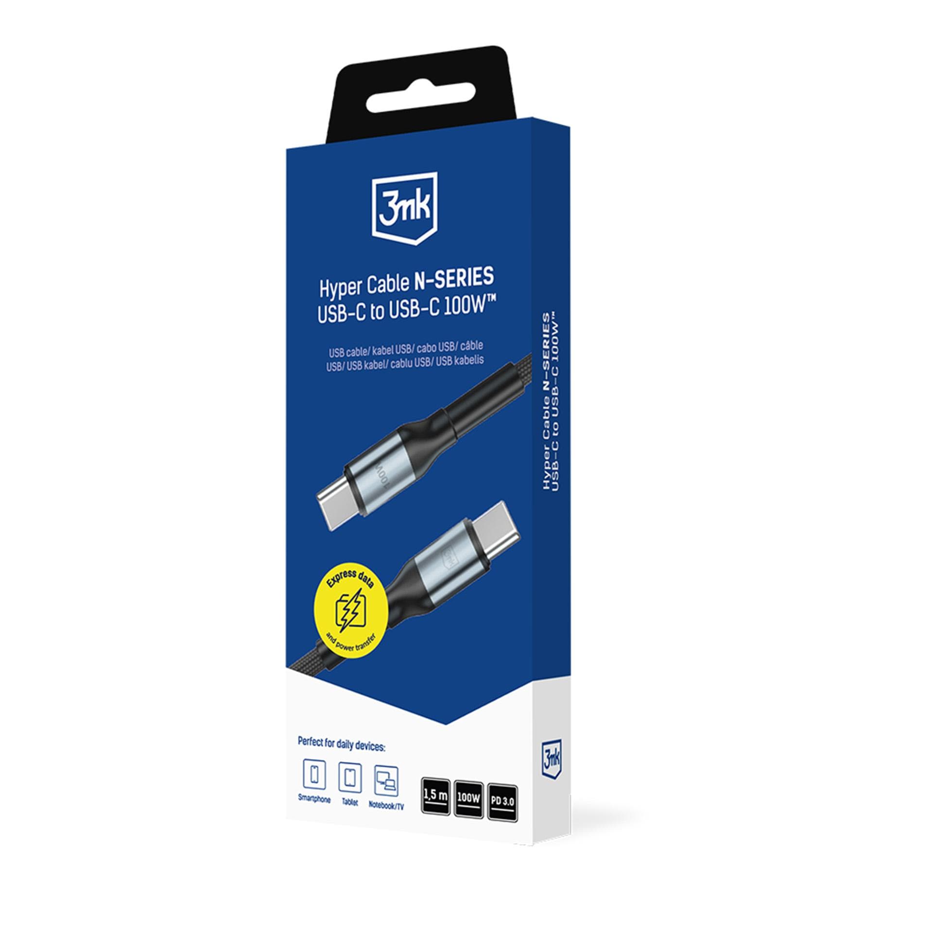 3mk Hyper Cable N-SERIES USB-C / USB-C 1,5 m PD 3.0 QC 3.0 20 V / 5 A 100 W – svart