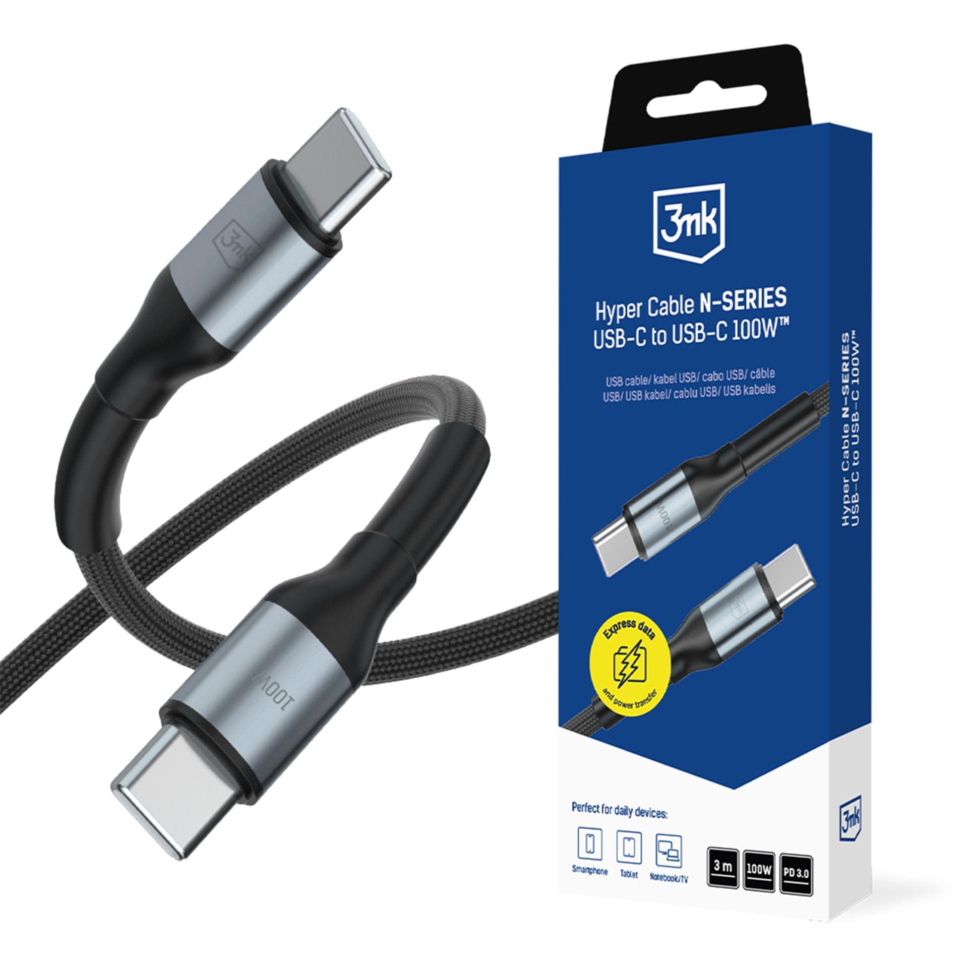 3mk Hyper Cable N-SERIES USB-C / USB-C 3 m PD 3.0 QC 3.0 20 V / 5 A 100 W – svart
