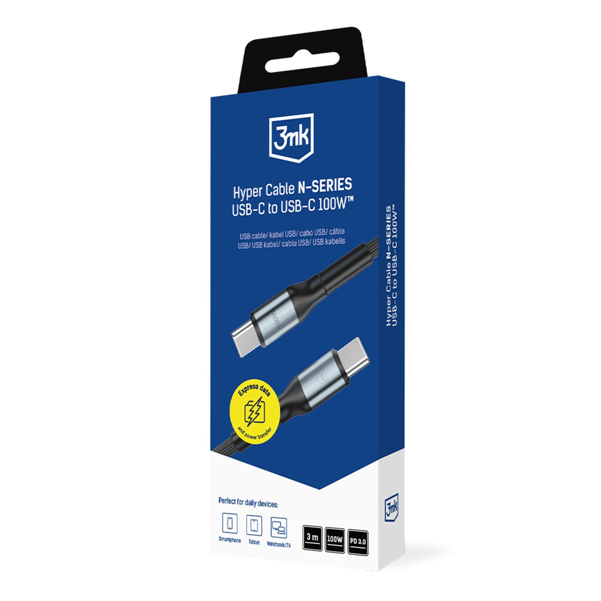 3mk Hyper Cable N-SERIES USB-C / USB-C 3 m PD 3.0 QC 3.0 20 V / 5 A 100 W – svart