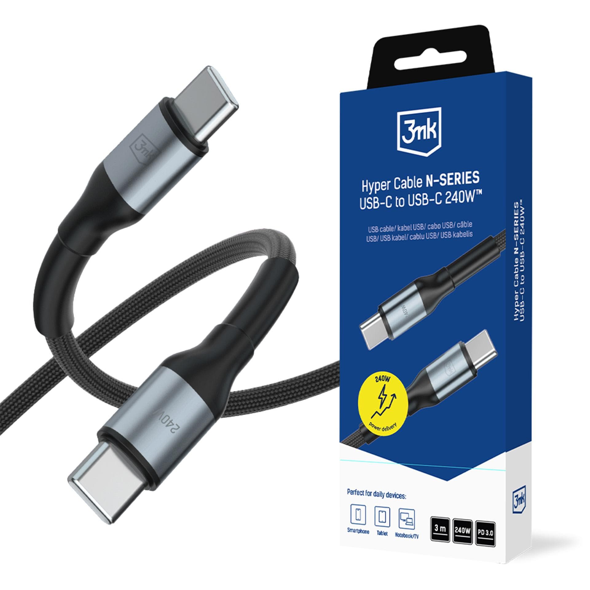 3mk Hyper Cable N-SERIES USB-C / USB-C 3 m PD 3.0 QC 3.0 48 V / 5 A 240 W – svart