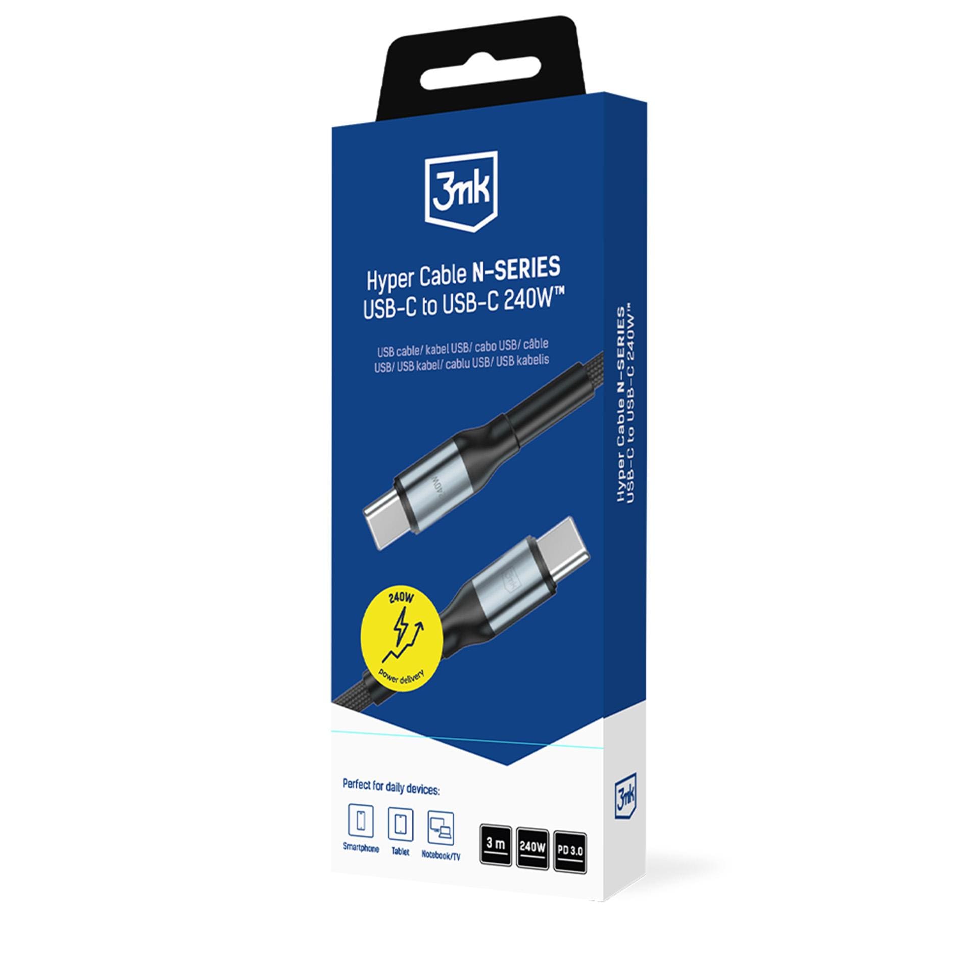 3mk Hyper Cable N-SERIES USB-C / USB-C 3 m PD 3.0 QC 3.0 48 V / 5 A 240 W – svart