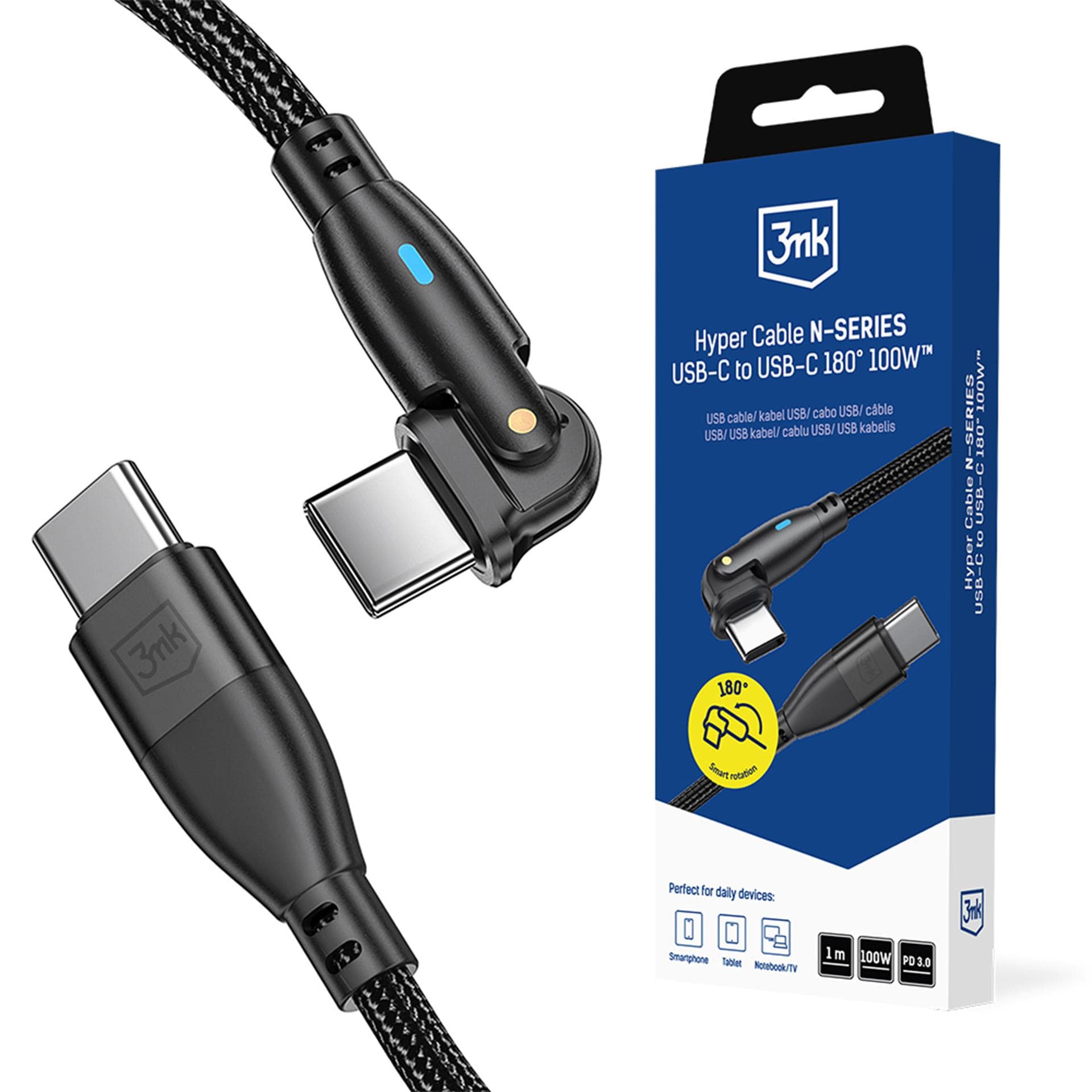 3mk Hyper Cable N-SERIES USB-C / USB-C 1 m PD 3.0 QC 3.0 20 V / 5 A 100 W – svart
