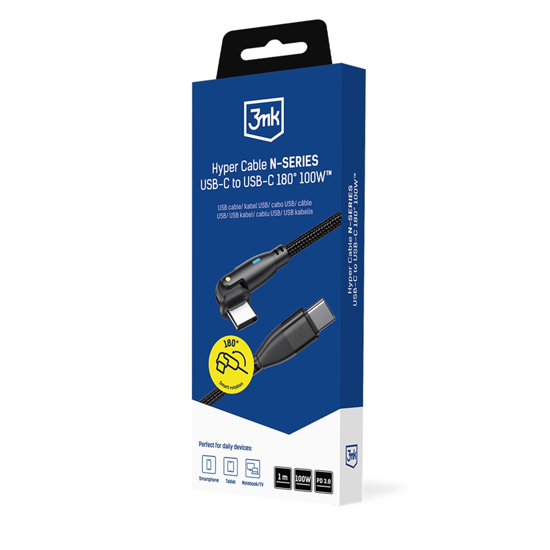 3mk Hyper Cable N-SERIES USB-C / USB-C 1 m PD 3.0 QC 3.0 20 V / 5 A 100 W – svart