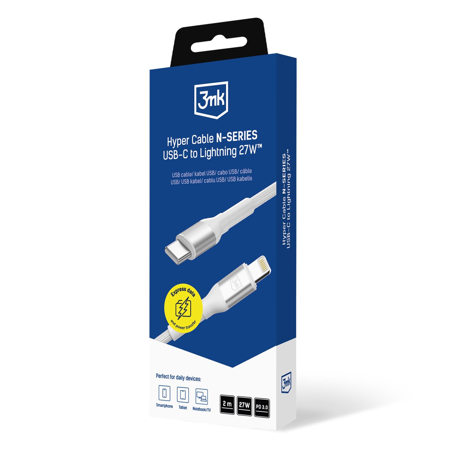 3mk Hyper Cable N-SERIES USB-C / Lightning 2 m PD 3.0 9 V / 3 A 27 W – hvit