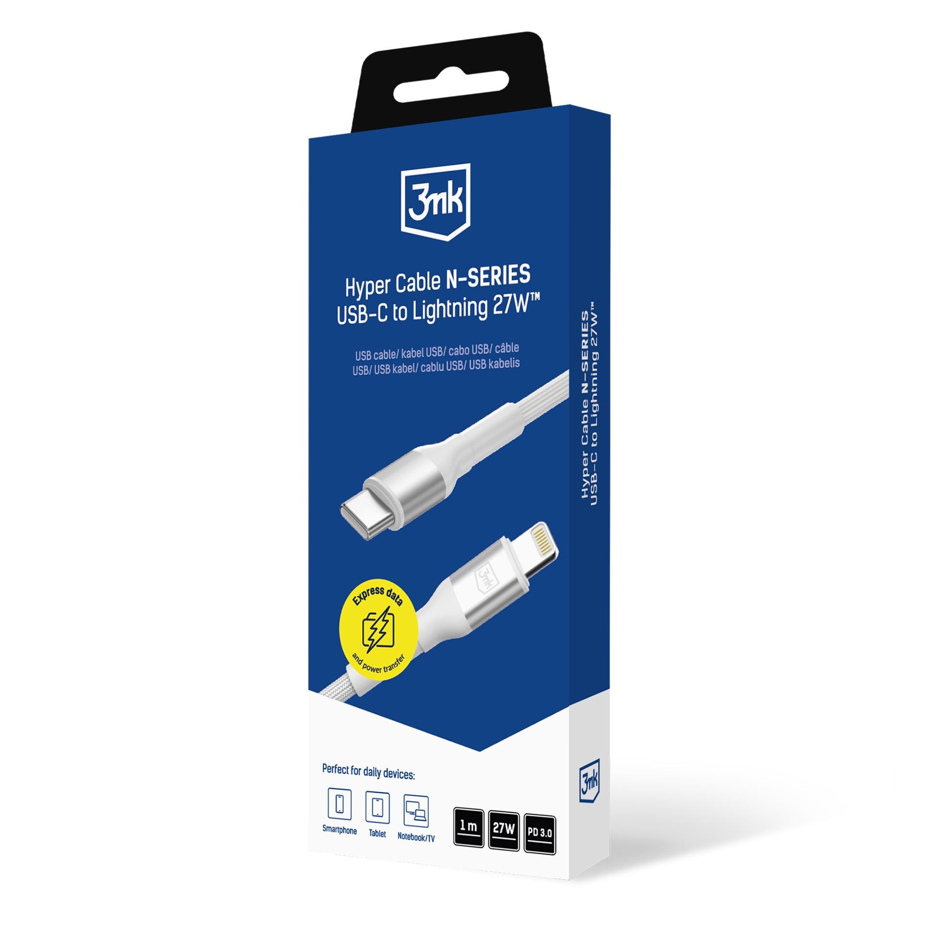 3mk Hyper Cable N-SERIES USB-C / Lightning 1 m PD 3.0 9 V / 3 A 27 W – hvit