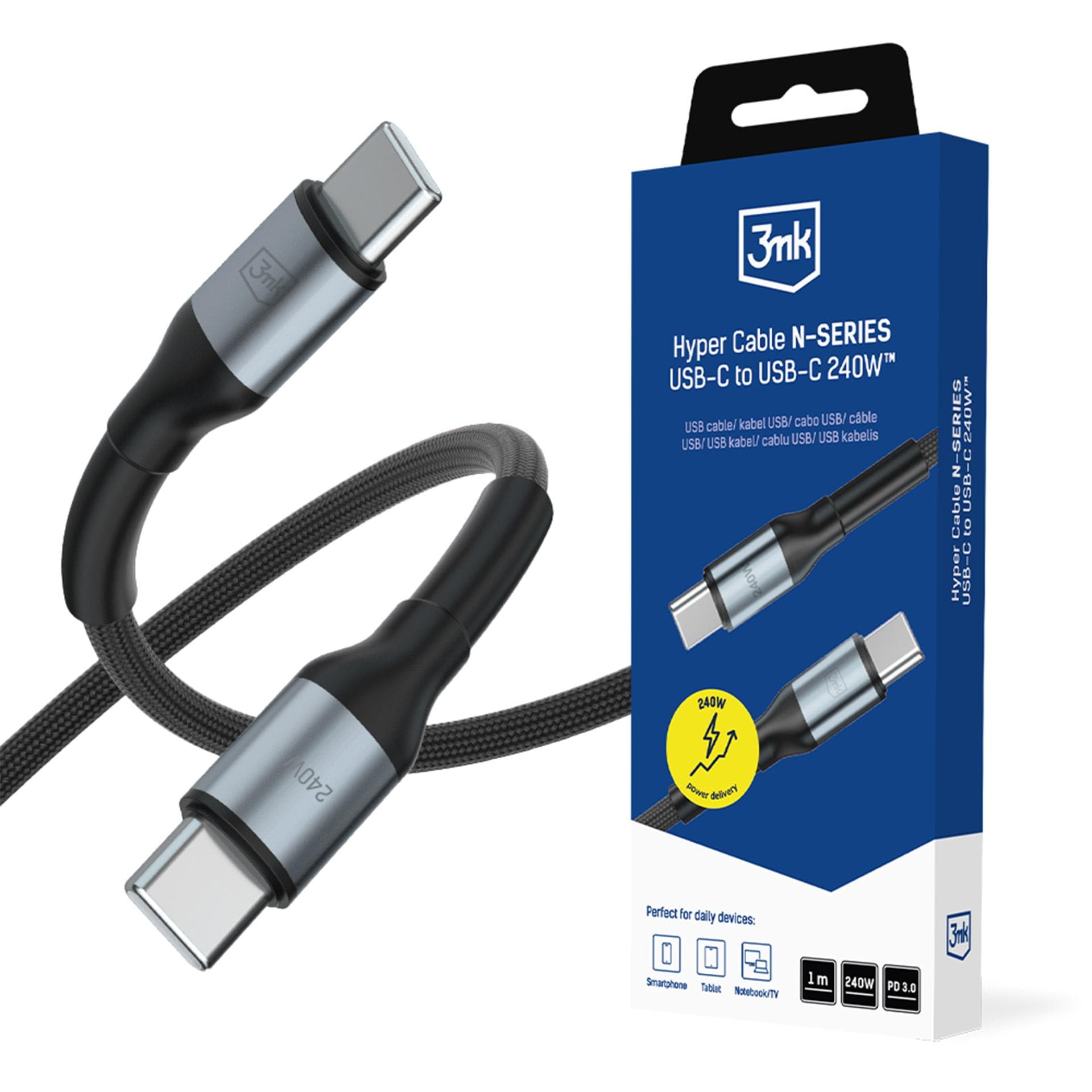 3mk Hyper Cable N-SERIES USB-C / USB-C 1 m PD 3.0 QC 3.0 48 V / 5 A 240 W – svart