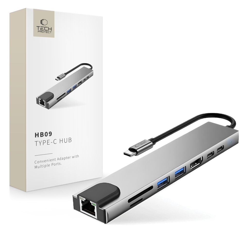 Tech-Protect HB09 USB-hub 8-i-1: USB-C/USB-A 3.0 + HDMI 4K60 + SD/TF + PD100W + RJ45 – grå