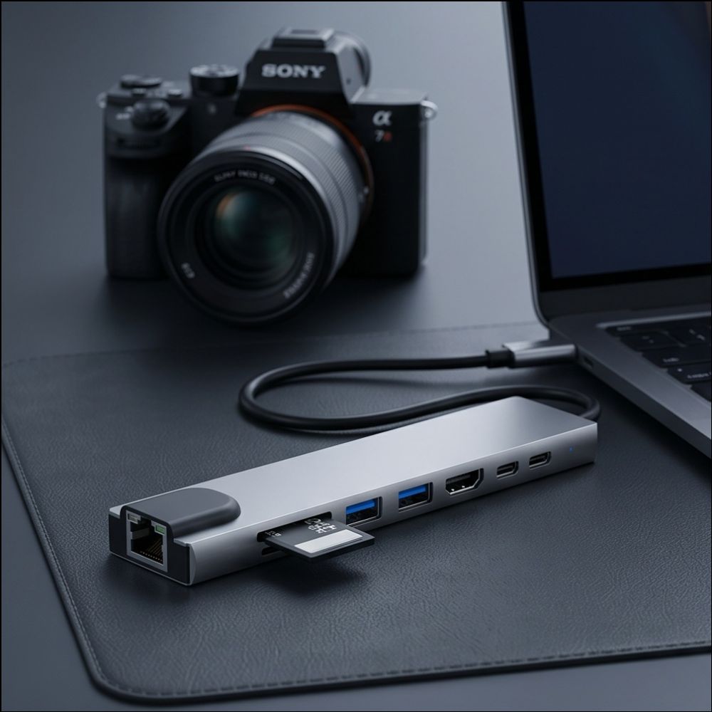 Tech-Protect HB09 USB-hub 8-i-1: USB-C/USB-A 3.0 + HDMI 4K60 + SD/TF + PD100W + RJ45 – grå