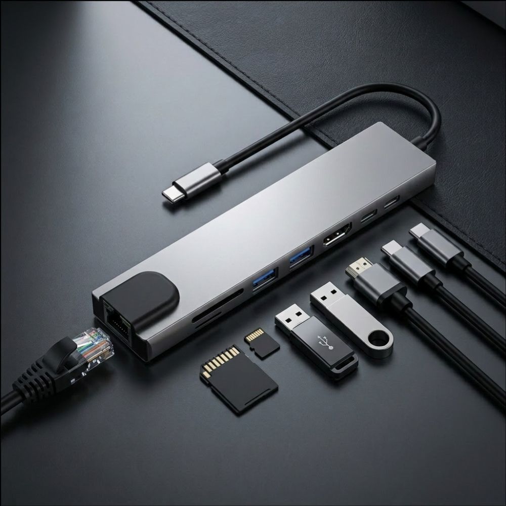 Tech-Protect HB09 USB-hub 8-i-1: USB-C/USB-A 3.0 + HDMI 4K60 + SD/TF + PD100W + RJ45 – grå