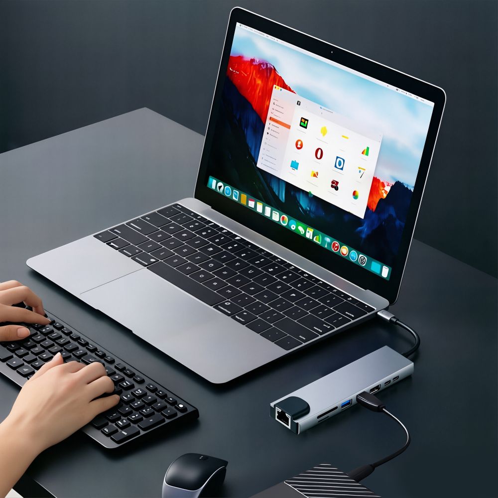 Tech-Protect HB09 USB-hub 8-i-1: USB-C/USB-A 3.0 + HDMI 4K60 + SD/TF + PD100W + RJ45 – grå