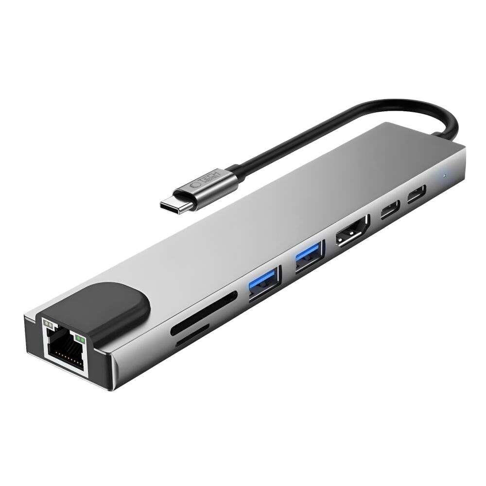 Tech-Protect HB09 USB-hub 8-i-1: USB-C/USB-A 3.0 + HDMI 4K60 + SD/TF + PD100W + RJ45 – grå