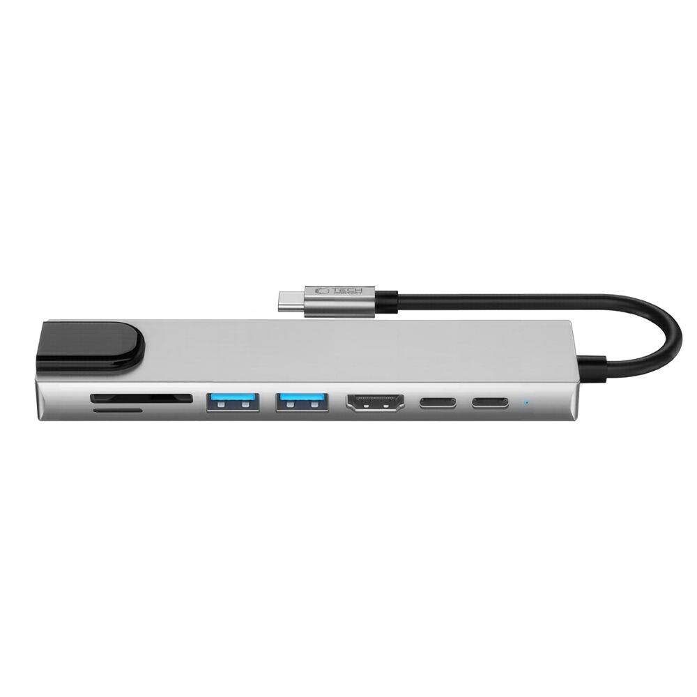 Tech-Protect HB09 USB-hub 8-i-1: USB-C/USB-A 3.0 + HDMI 4K60 + SD/TF + PD100W + RJ45 – grå
