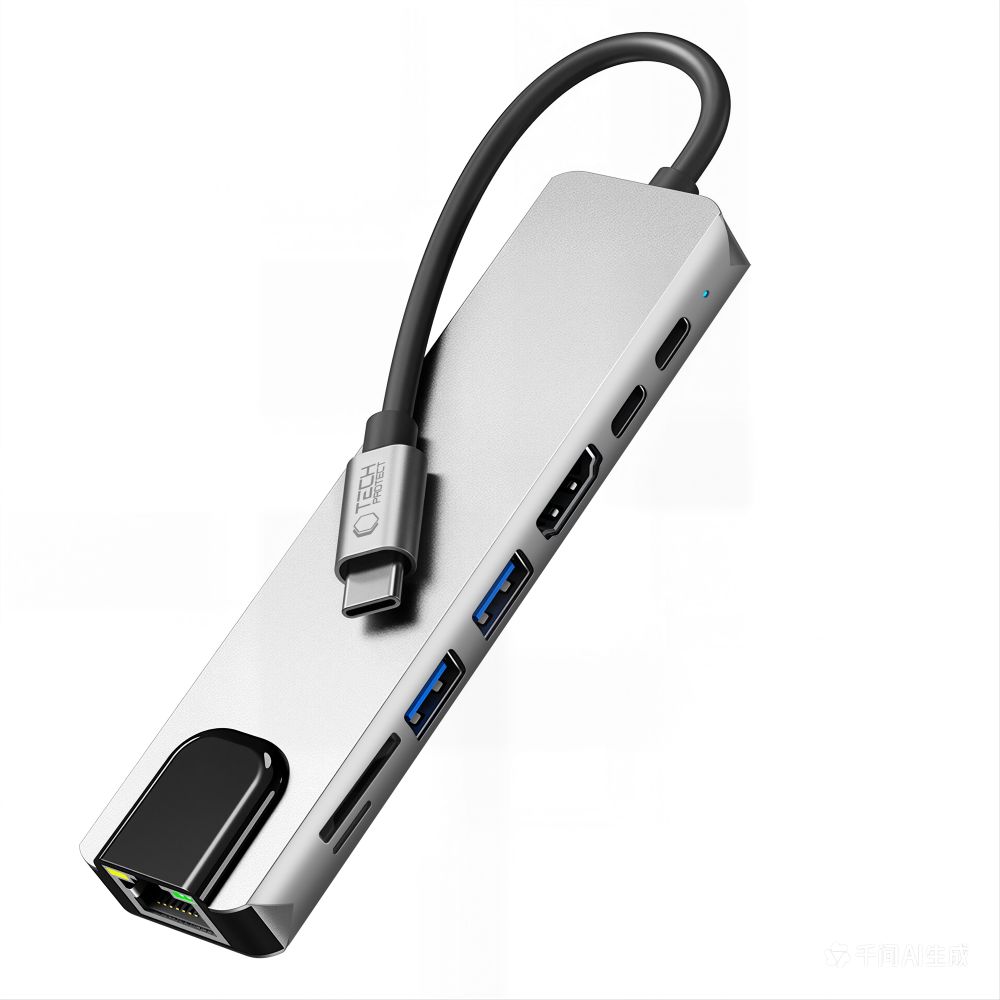 Tech-Protect HB09 USB-hub 8-i-1: USB-C/USB-A 3.0 + HDMI 4K60 + SD/TF + PD100W + RJ45 – grå