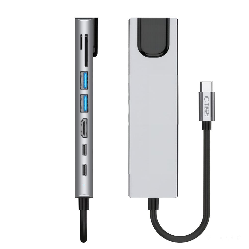 Tech-Protect HB09 USB-hub 8-i-1: USB-C/USB-A 3.0 + HDMI 4K60 + SD/TF + PD100W + RJ45 – grå