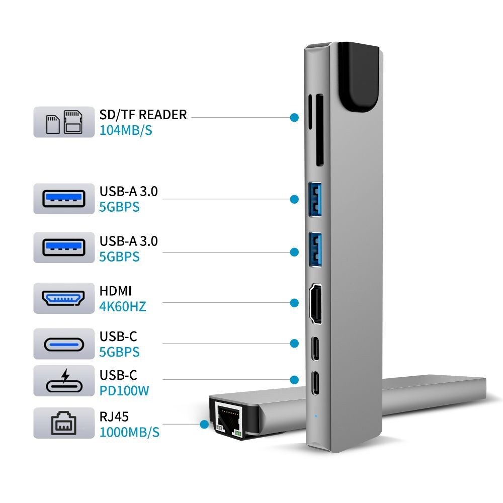 Tech-Protect HB09 USB-hub 8-i-1: USB-C/USB-A 3.0 + HDMI 4K60 + SD/TF + PD100W + RJ45 – grå