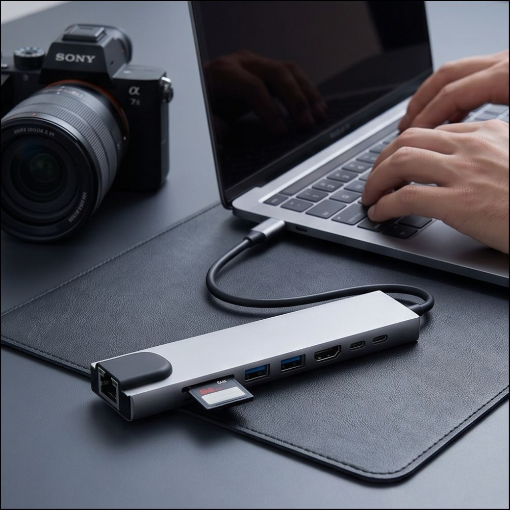 Tech-Protect HB09 USB-hub 8-i-1: USB-C/USB-A 3.0 + HDMI 4K60 + SD/TF + PD100W + RJ45 – grå