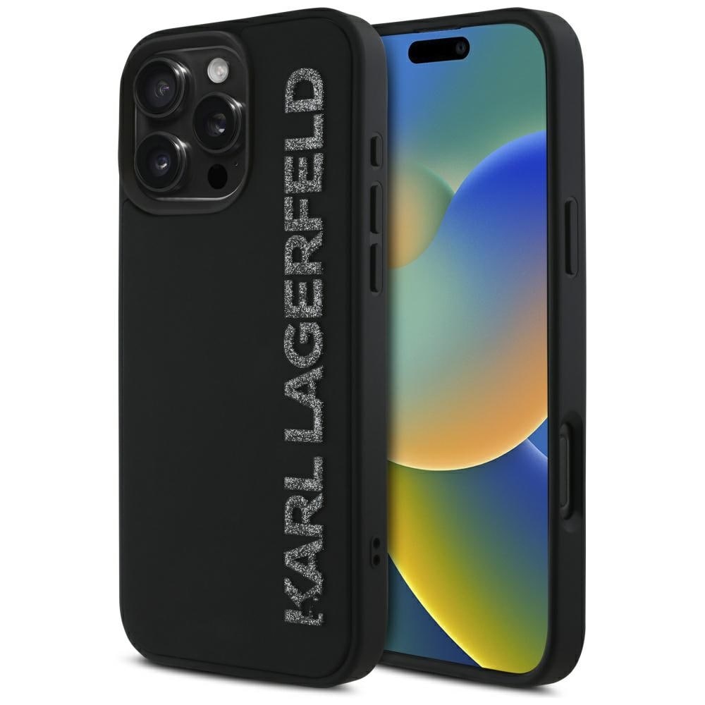 Karl Lagerfeld HC 3D-gummi, avlang glitter-iPhone 16 Pro-etui – svart