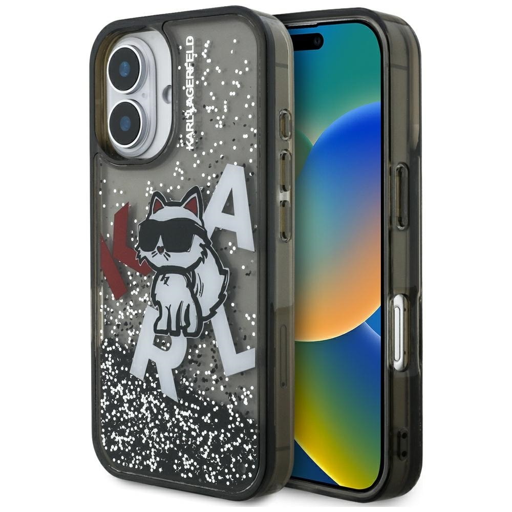 Karl Lagerfeld iPhone 16-etui med flytende glitter og Choupette-logo – svart