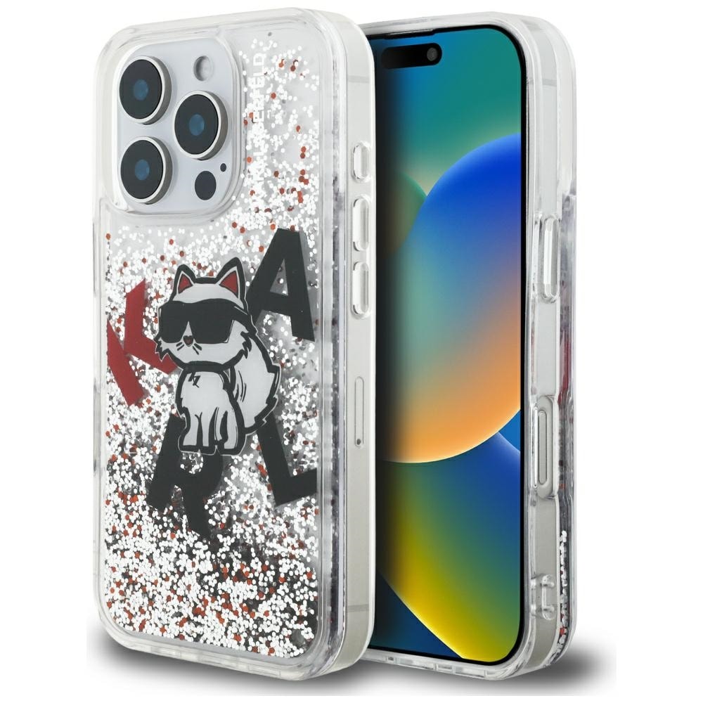 Karl Lagerfeld Liquid Glitter Choupette-etui med logo til iPhone 16 Pro Max – gjennomsiktig