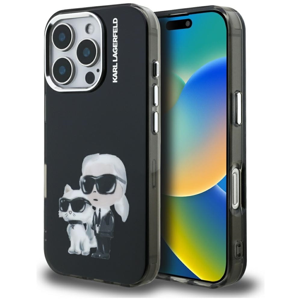 Karl Lagerfeld IML Aquarelle Karl & Choupette & Logo-etui til iPhone 16 Pro Max – svart