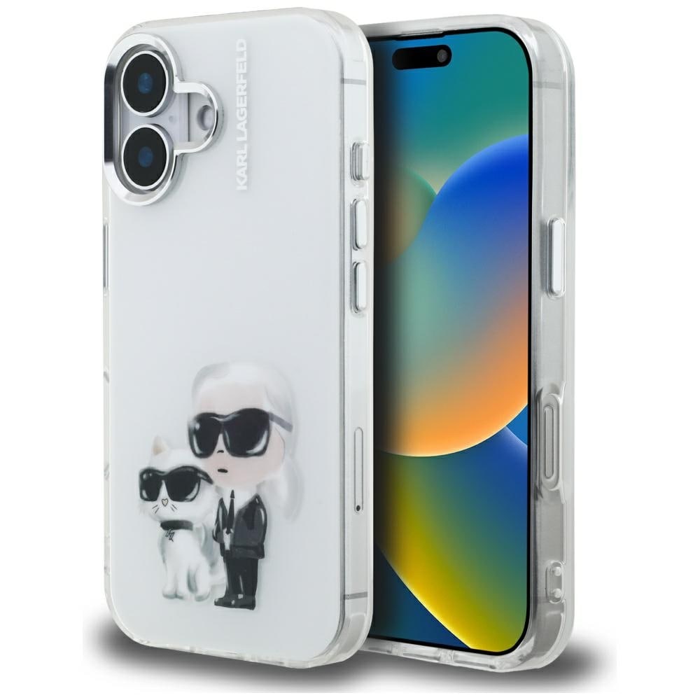 Karl Lagerfeld IML Aquarelle Karl & Choupette & Logo iPhone 16-etui – hvit