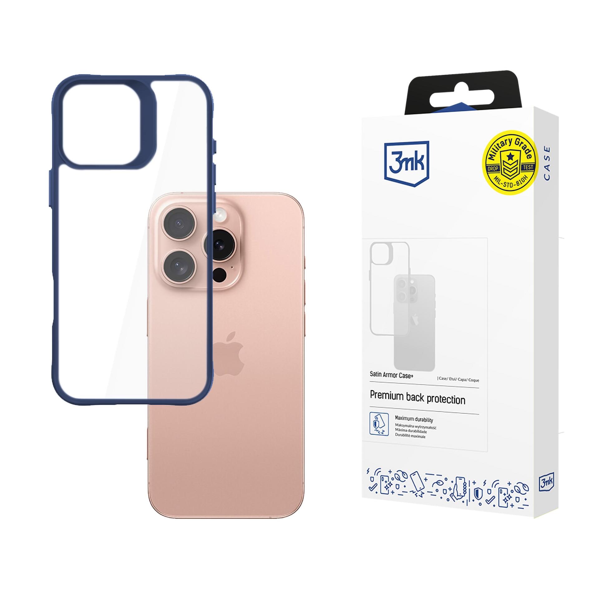 3mk Satin Armor Case+ Blå til Apple iPhone 16 Pro – gjennomsiktig